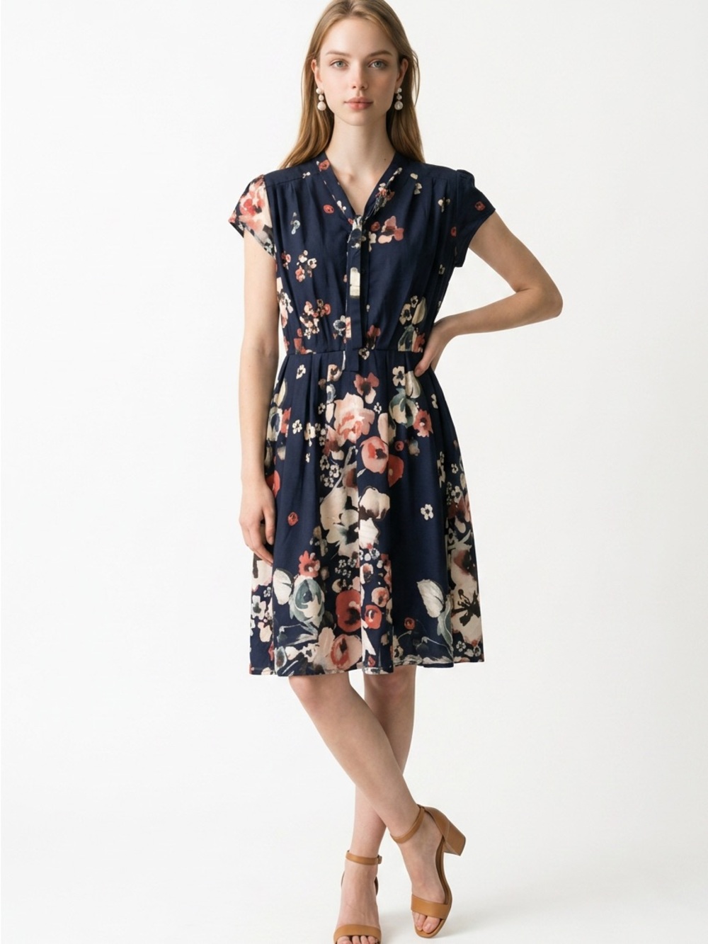 Navy Floral Button-Front Midi Dress